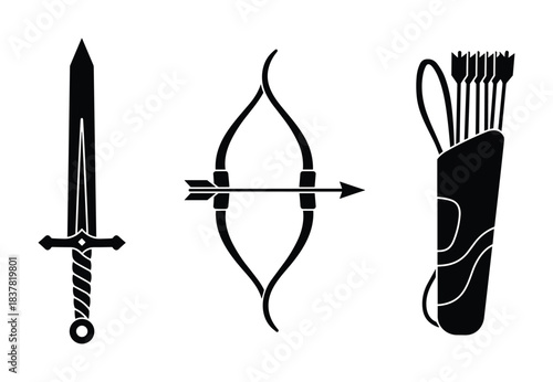 Medieval weapons set sword bow arrow quiver ancient combat equipment historic military items.