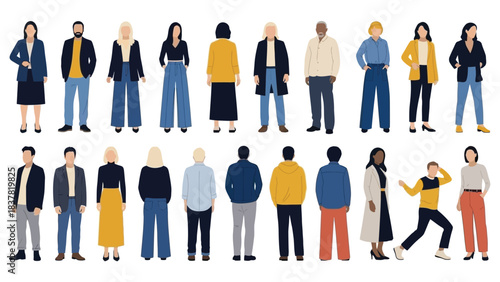 Diverse Group of People Vector Collection. Modern Flat Illustration Set of Men and Women Standing in Casual and Business Attire, Front and Back View