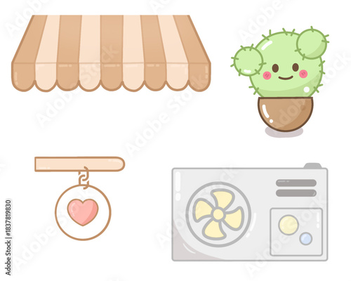 Vector illustration set of cactus cafe sign roof and air conditioner 