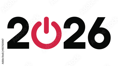  Modern 2026 Typography Design Featuring a Red Power Button Icon Replacing the Zero, Creative New Year Concept Symbolizing Start, Energy, Innovation, and Technology for Digital Celebration Artwork