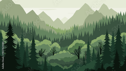 Serene Mountain Landscape with Lush Green Forest and Rolling Hills