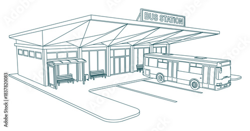 Modern bus station building. public transport infrastructure. urban bus terminal outline. city transit architecture drawing.