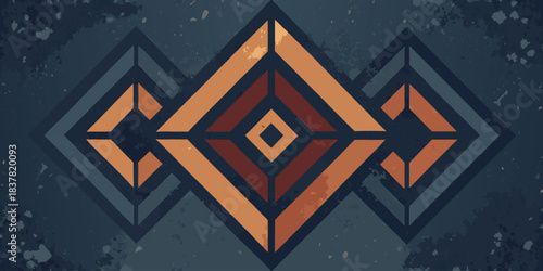 Geometric diamond shape pattern with brown and gold color scheme on a dark blue backdrop
