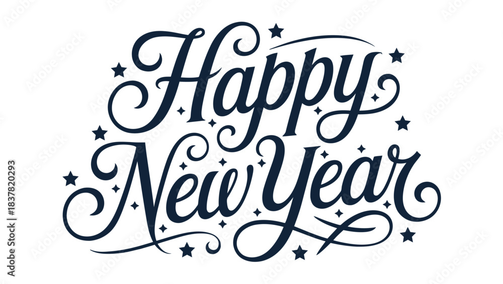 Obraz premium Elegant “Happy New Year” Typography Design with Decorative Swirls and Stars, Festive Holiday Greeting Lettering for New Year Celebrations, Seasonal Greeting Card Illustration
