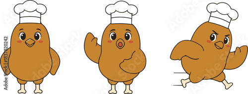 A playful set of three vector illustrations featuring a brown fried chicken or nugget mascot character wearing a white chef's hat, depicted in standing, waving, and determined running poses.