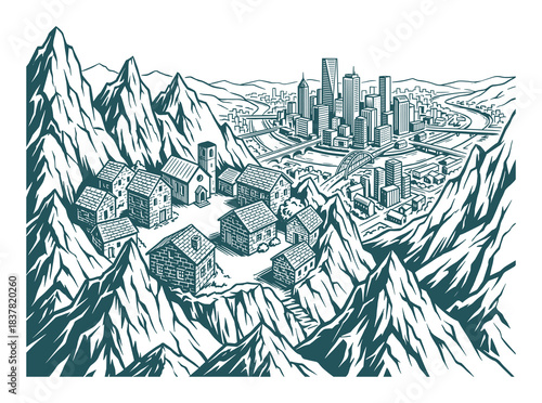 Mountain landscape contrasting modern city skyline with skyscrapers and historic village houses.