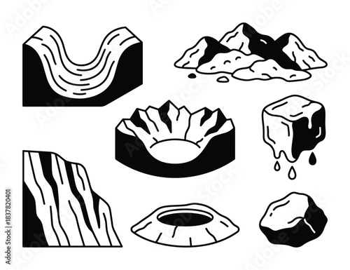Natural landscape elements mountains valleys cliffs craters iceberg rocks formations terrain