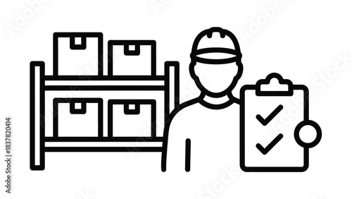 Warehouse worker checking stock inventory on a clipboard near shelves of boxes, vector icon illustration for logistics and supply chain management