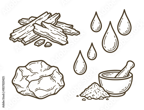 Natural ingredients set; wood sticks; rock formation; water drops; mortar and pestle; herbal preparation.