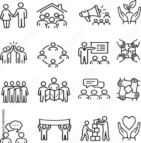 Set of 16 black and white line icons representing teamwork, community, collaboration, and social interaction concepts