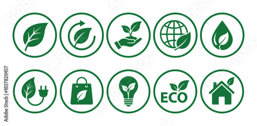 Nature conservation and environmental protection. Leaf, recycle, plant, globe, water drop, electric plug, shopping bag, light bulb, eco text, house.
