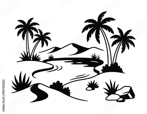 Oasis desert landscape with palm trees sand dunes river rocks natural environment outdoor scenic view.