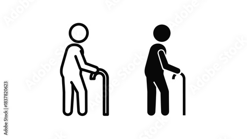 Old Man with Walking Cane Icon Set. Stick Figure Senior Person Using a Crutch or Walking Stick, Outline and Silhouette Vector Illustration.