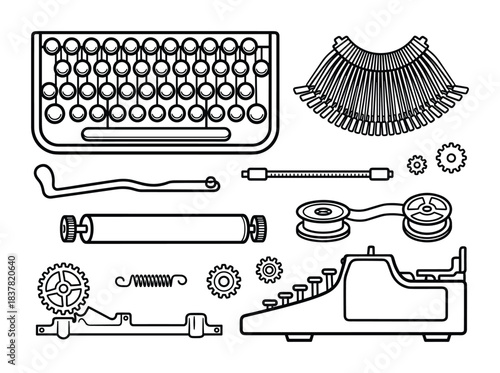 Old typewriter parts isolated on white background mechanical engineering outline vector illustration