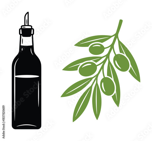 Olive oil bottle with pourer and fresh green olive branch, illustration set, element.