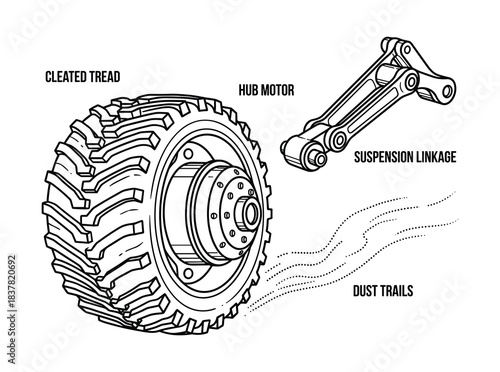 Offroad vehicle wheel cleated tread hub motor suspension linkage dust trails heavy machinery engineering. Vector.