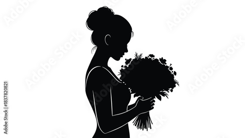 Silhouette of a woman holding a bouquet of flowers side profile view