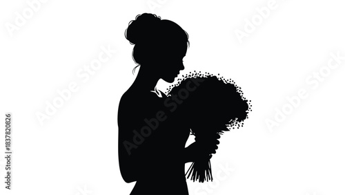 Silhouette of a woman holding a bouquet of flowers against a white background