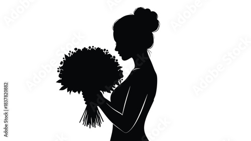 Silhouette of a woman holding a bouquet of flowers in profile