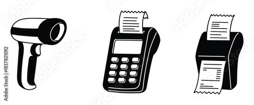 Payment terminal and scanner icons. Barcode scanner and POS terminals with receipts.