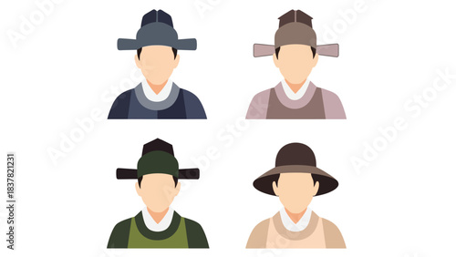 Four stylized portraits of people wearing traditional korean hats and clothing