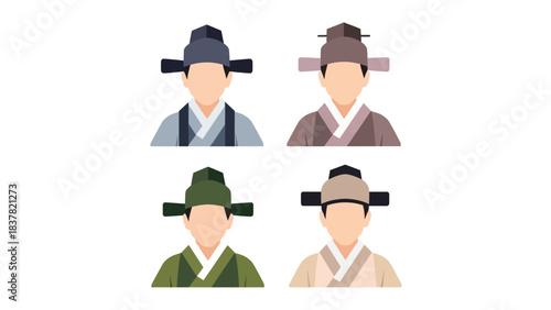 Four stylized portraits of individuals in traditional korean hanbok attire