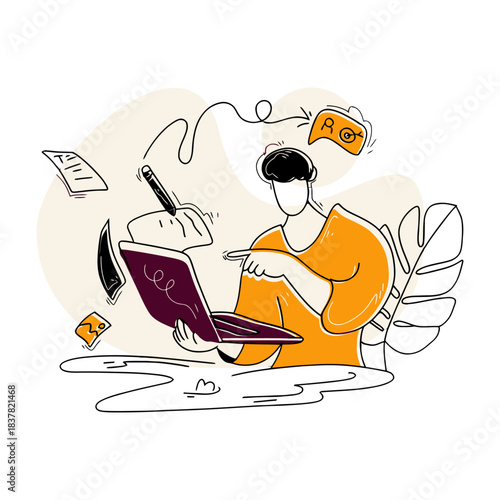 Design illustration of designer working on laptop with pen and papers creative design work from home concept verctor art illustration png