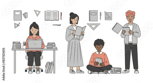 Focused students and professionals engaged in academic study, utilizing both traditional printed books and modern digital devices for effective knowledge acquisition