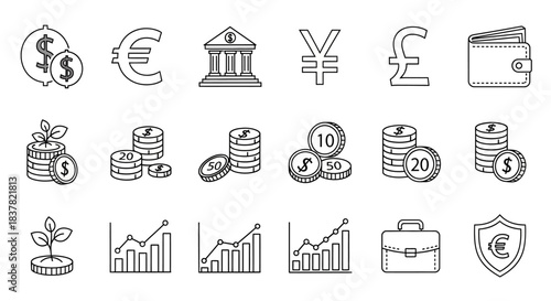 Modern vector line icons for finance, banking, investment growth, and global currency exchange. Essential monetary symbols and economic data charts for business infographics