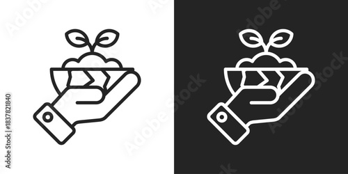 Hand Planting Icon In Black And White Outline Style