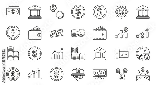 Collection of financial icons representing money, banking, and investments for digital use