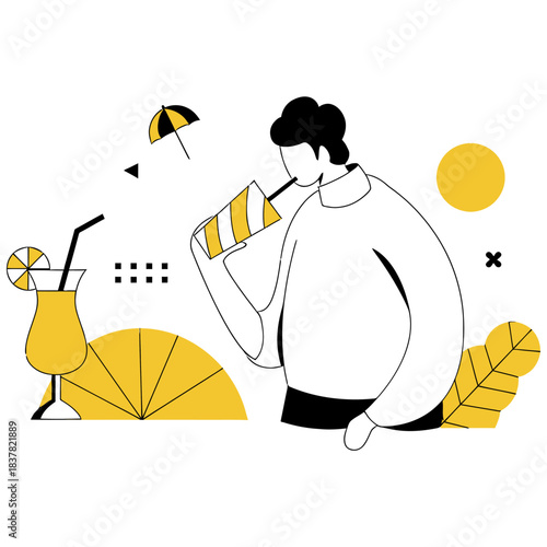 Design man drinking juice summer drink cocktail vacation relaxation tropical getaway leisure time beverage vacation verctor art illustration png