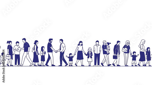 Seamless border pattern of diverse walking people, including families and business professionals. Continuous queue line vector illustration.