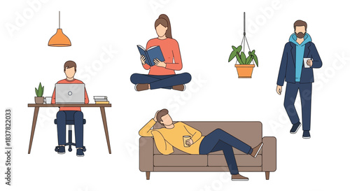 Diverse group of people engaged in various leisure activities at home