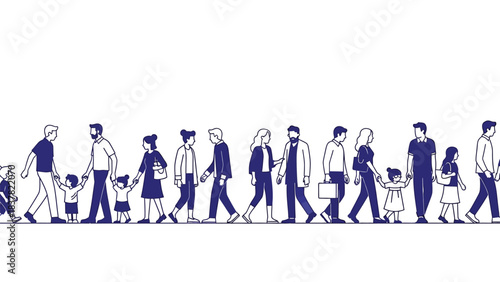 Diverse Crowd Walking Banner Illustration. Continuous line art vector of people, adults, and children moving forward in a row.