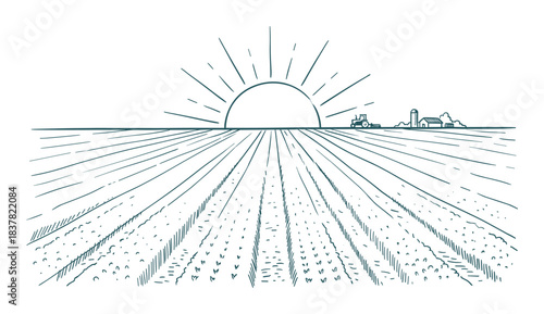 Rural farm landscape. Rising sun over cultivated field. Tractor and buildings on horizon.