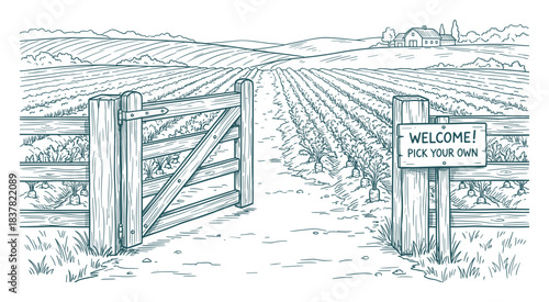 Rural farm landscape. Open wooden gate. Sign reads welcome, pick your own. Distant farmhouse.