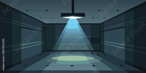 Illuminated interior space with a single light source casting a beam onto the floor area
