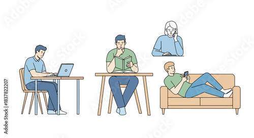 Diverse individuals engaged in various daily activities working on a laptop, reading a book, and relaxing with a smartphone, reflecting modern routines and lifestyle choices