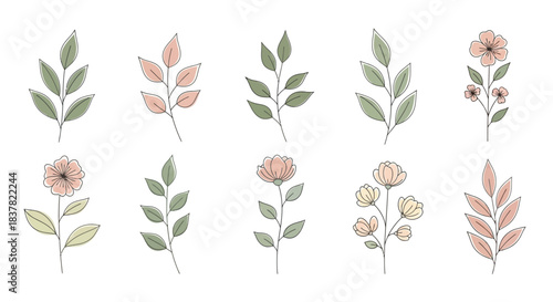 Elegant Hand-Drawn Watercolor Floral Collection Featuring Delicate Leaves and Blooming Flowers, Perfect for Botanical-Themed Designs and Decorative Arrangements