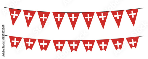 Swiss Pennant Flag Strings – Red and White Cross Bunting, National Celebration Decor, Triangular and Swallowtail Shapes, Festive Swiss Event Graphic