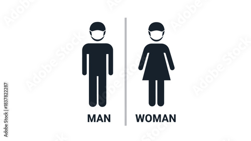 Restroom Sign Icons: Man and Woman Figures Wearing Protective Face Masks (Vector Illustration)