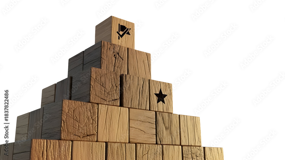 Fototapeta premium Wooden block pyramid reaching for the top with a success flag and star cutout, symbolizing achievement and goal setting
