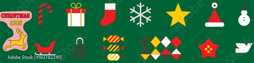 Flat vector style Christmas vector with bold colors, featuring Santa, tree, and ornaments in a festive, minimalist design. Cute holiday and Christmas icons, including festive vector elements