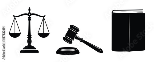 Scale of justice. Judge gavel. Law book. Legal system and authority symbols.