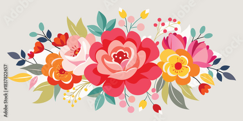 Floral arrangement with colorful flowers and leaves in a decorative vector illustration
