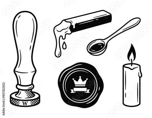Sealing elements and tools. Letter stamp with initial, melted wax stick, spoon, lit candle.