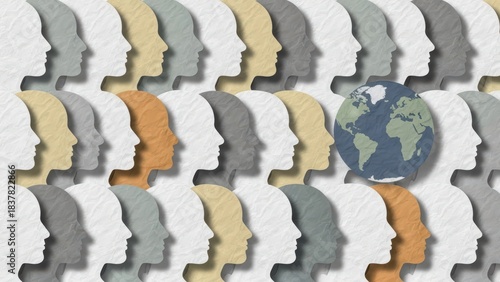 Diverse human profiles symbolize global community and interconnectedness, with planet Earth integrated within the unified human fabric