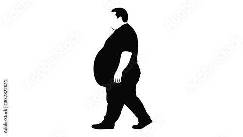 Black Vector Silhouette Illustration of an Overweight Man Walking