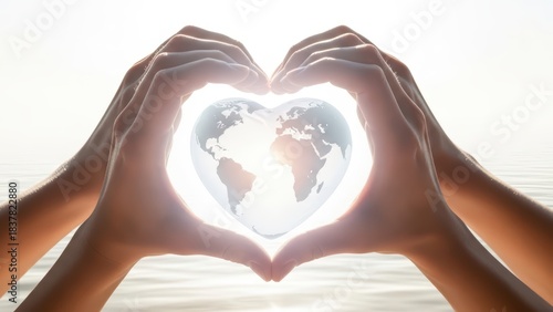 Hands forming a heart shape around a glowing globe, symbolizing love, care, and unity for the planet Earth